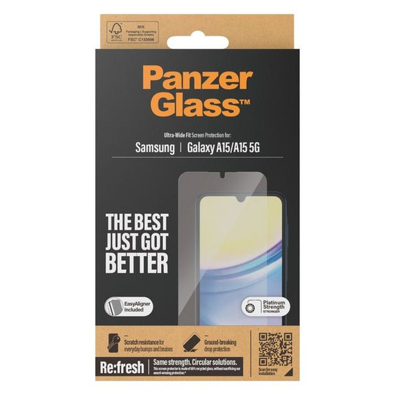 PanzerGlass - Verre Trempé Re:fresh UWF avec l'applicateur pour Samsung Galaxy A15 5G, noir