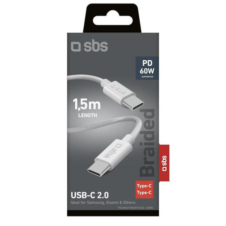 SBS - Câble tressé USB-C/USB-C, PD, 60W, 2m, blanc