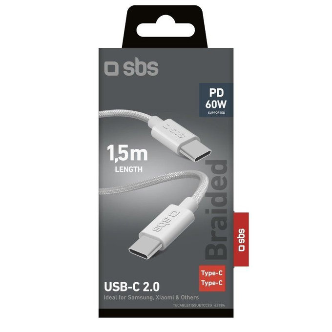SBS - Câble tressé USB-C/USB-C, PD, 60W, 2m, blanc