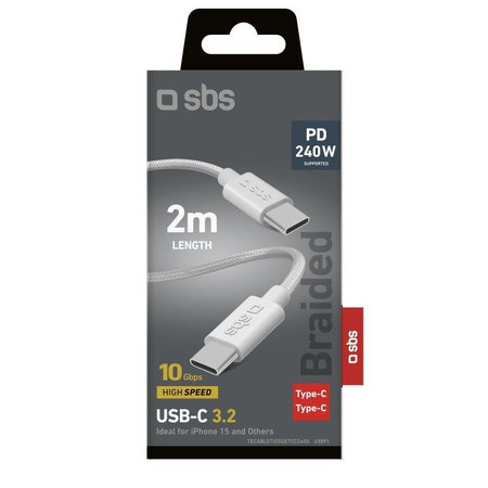SBS - Câble tressé USB-C/USB-C, PD, 240W, 2m, blanc