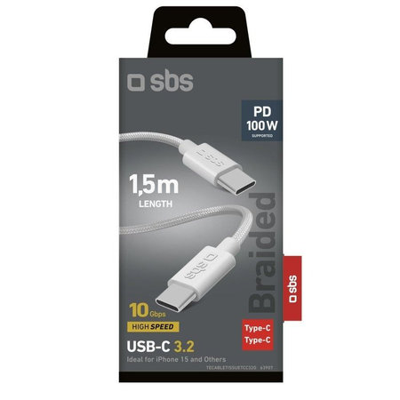 SBS - Câble tressé USB-C/USB-C, PD, 100W, 1.5m, blanc