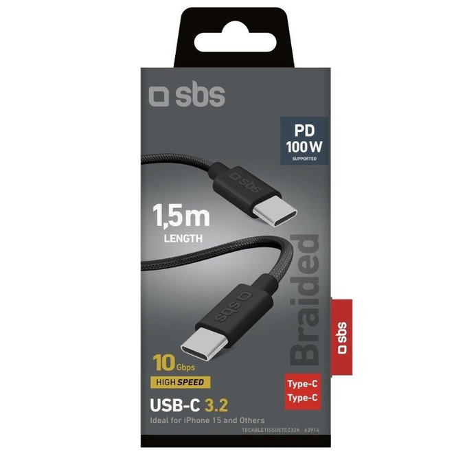 SBS - Câble tressé USB-C/USB-C, PD, 100W, 1.5m, noir