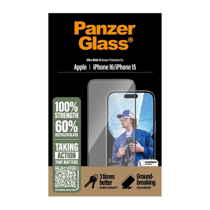 Verre trempé UWF avec applicateur pour iPhone 16/15, Noir, PanzerGlass