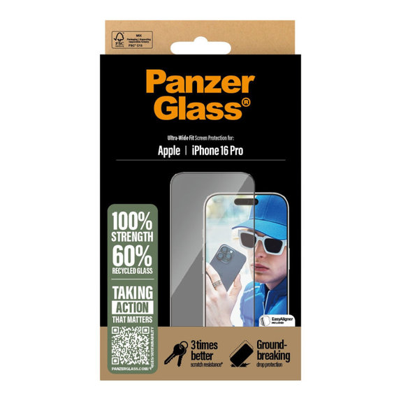 Verre trempé UWF avec applicateur pour iPhone 16 Pro, Noir, PanzerGlass