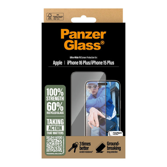 Verre trempé UWF avec applicateur pour iPhone 16 Plus/15 Plus, Noir, PanzerGlass