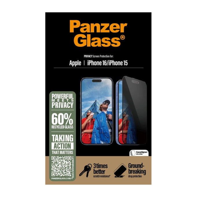 Verre trempé UWF Privacy avec applicateur pour iPhone 16/15, Noir, PanzerGlass