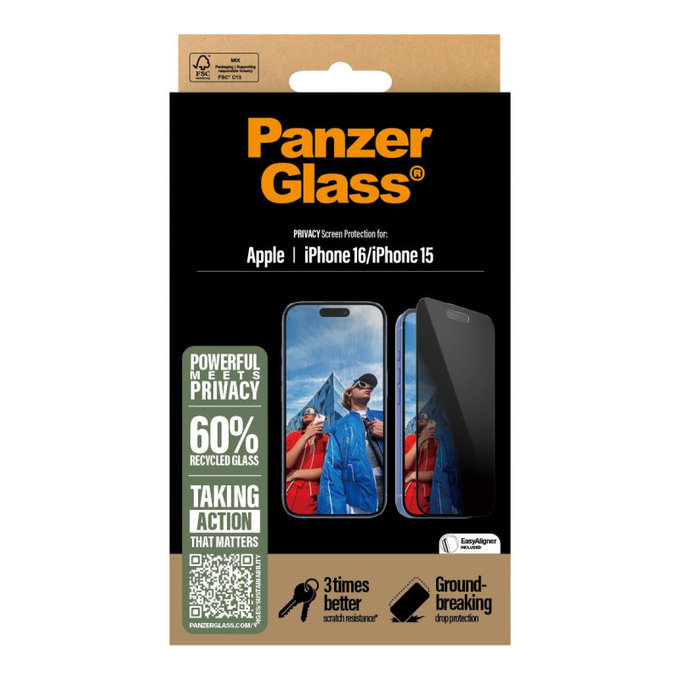Verre trempé UWF Privacy avec applicateur pour iPhone 16/15, Noir, PanzerGlass