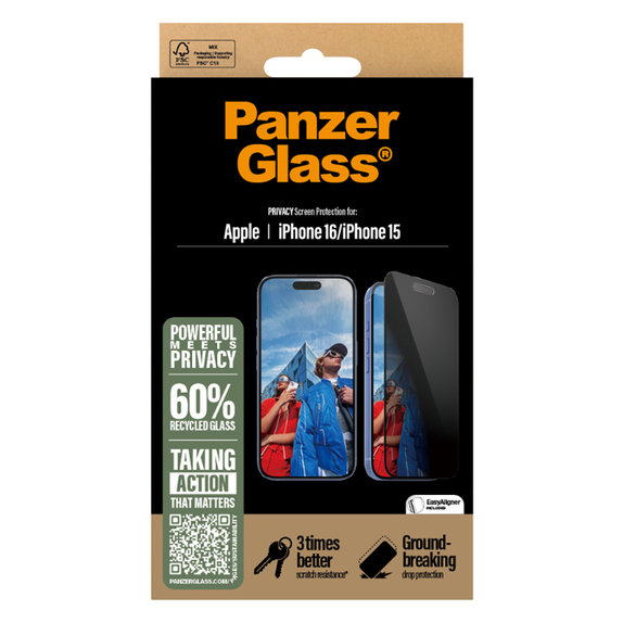 PanzerGlass - Verre Trempé UWF Privacy avec un applicateur pour iPhone 16, noir