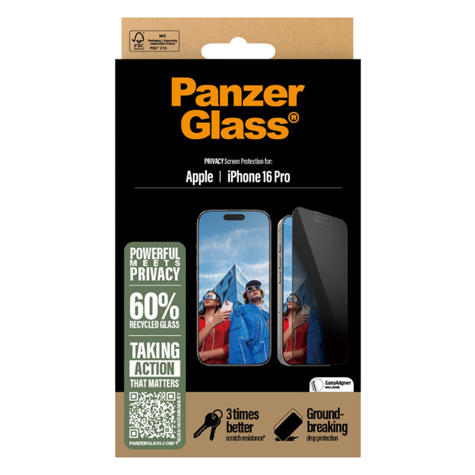 PanzerGlass - Verre Trempé UWF Privacy avec un applicateur pour iPhone 16 Pro, noir