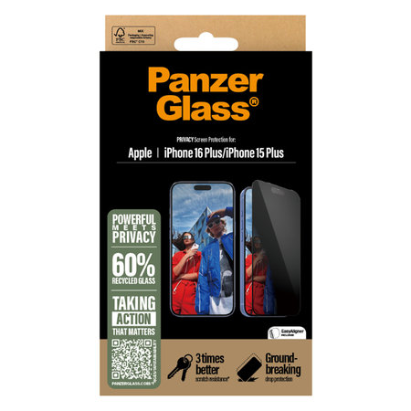 PanzerGlass - Verre Trempé UWF Privacy avec un applicateur pour iPhone 16 Plus, noir