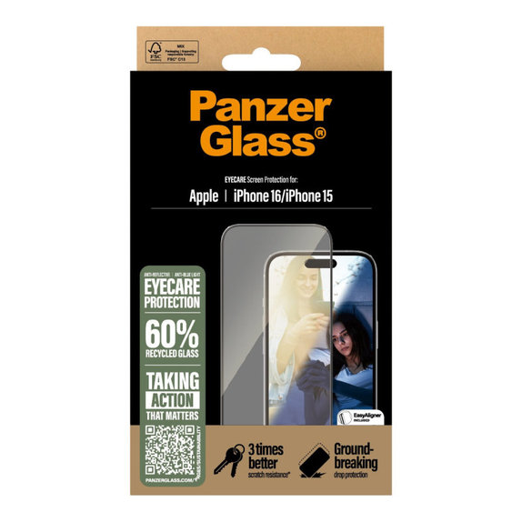 Verre trempé UWF Eyecare avec applicateur pour iPhone 16/15, Noir, PanzerGlass