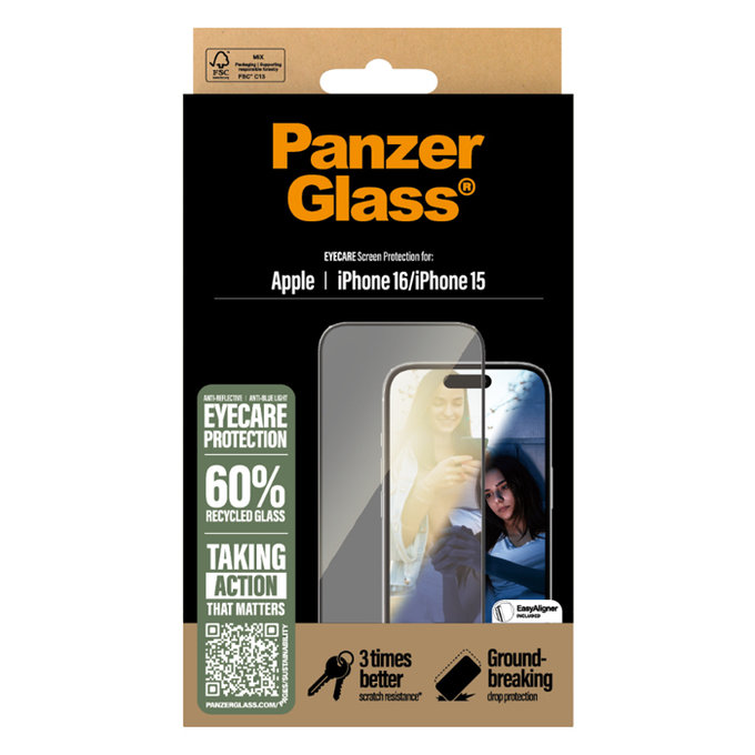 PanzerGlass - Verre Trempé UWF Eyecare avec un applicateur pour iPhone 16, noir