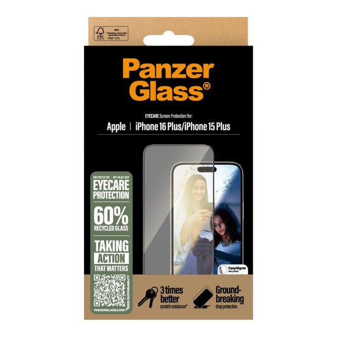 Verre trempé UWF Eyecare avec applicateur pour iPhone 16 Plus/15 Plus, Noir, PanzerGlass
