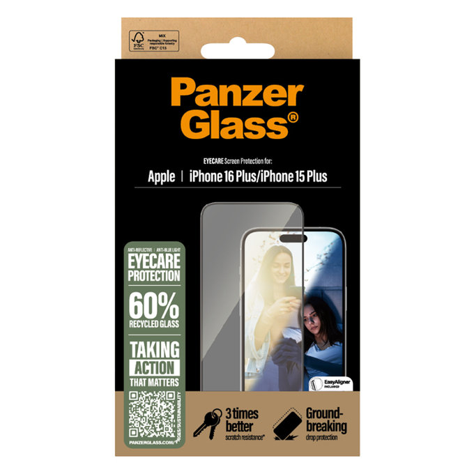 PanzerGlass - Verre Trempé UWF Eyecare avec un applicateur pour iPhone 16 Plus, noir