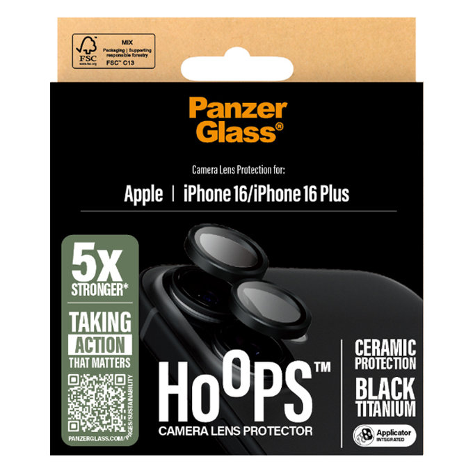 PanzerGlass - Couvercle de Protection d'Objectif d'Appareil Hoops Ceramic pour iPhone 16 et 16 Plus, noir