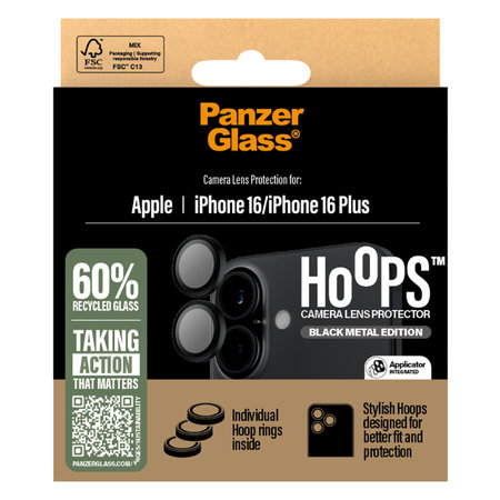 PanzerGlass - Couvercle de Protection d'Objectif d'Appareil Hoops pour iPhone 16 et 16 Plus, noir
