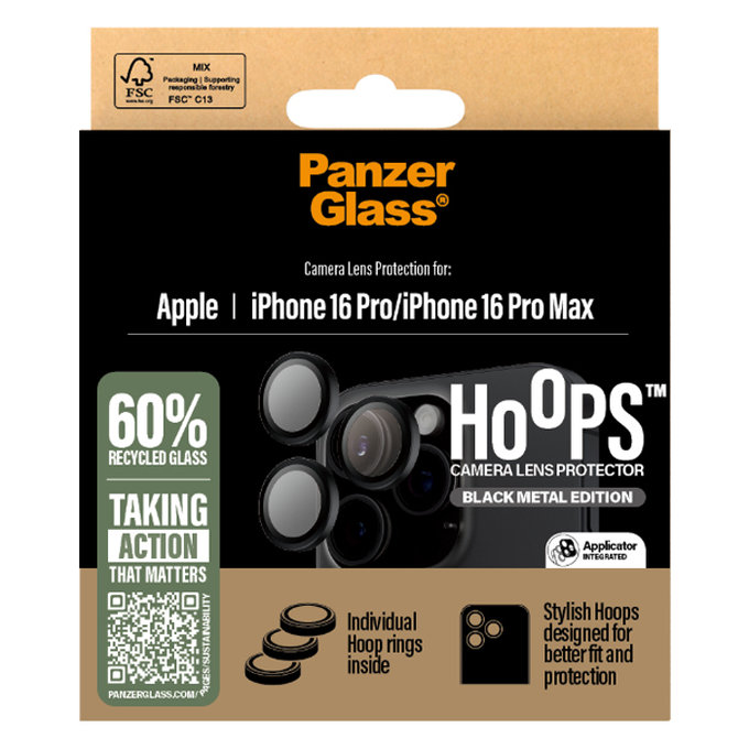 PanzerGlass - Couvercle de Protection d'Objectif d'Appareil Hoops pour iPhone 16 Pro et 16 Pro Max, noir