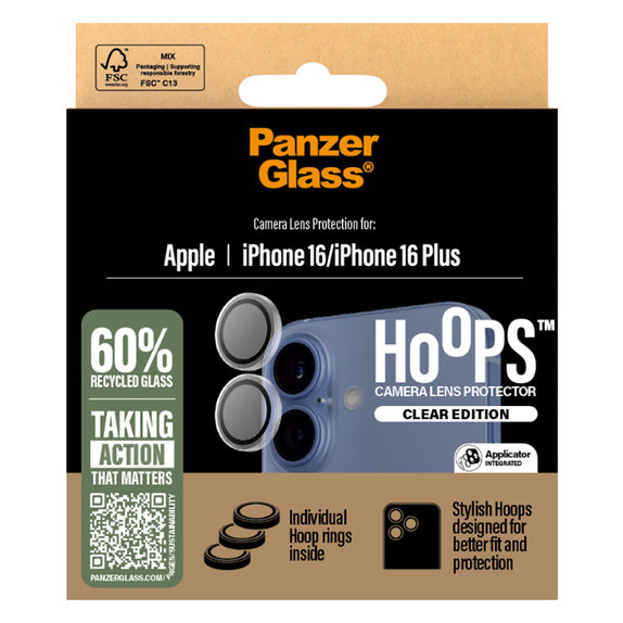 PanzerGlass - Couvercle de Protection d'Objectif d'Appareil Hoops pour iPhone 16 et 16 Plus, transparent