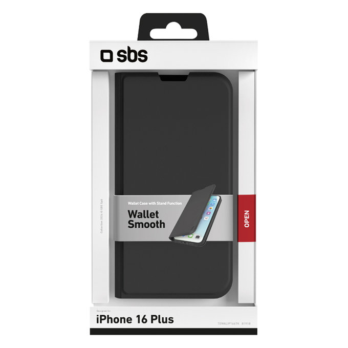 SBS - Étui Book Wallet Smooth pour iPhone 16 Plus, noir