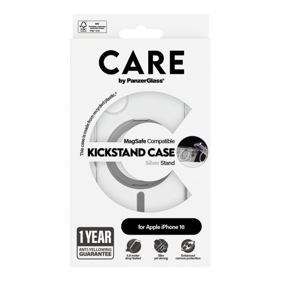 Coque Kickstand avec MagSafe pour iPhone 16, Argent, CARE
