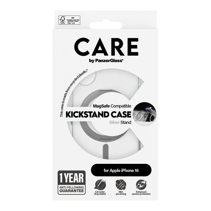 Coque Kickstand avec MagSafe pour iPhone 16, Argent, CARE