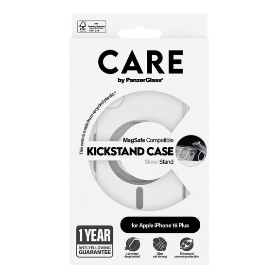 Coque Kickstand avec MagSafe pour iPhone 16 Plus, Argent, CARE