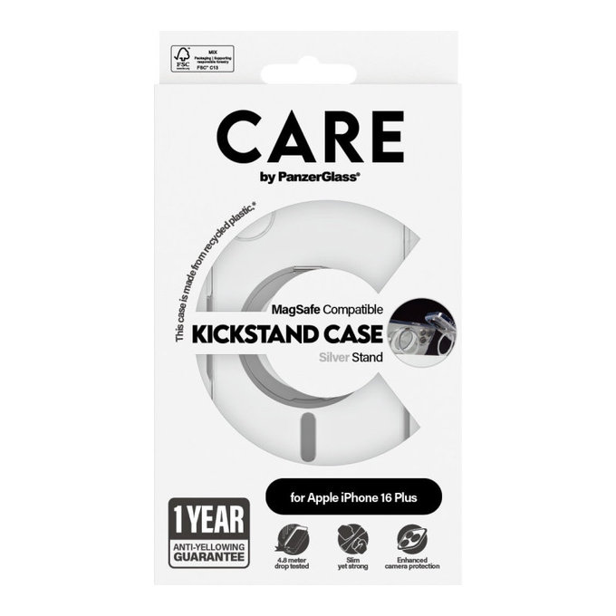 Coque Kickstand avec MagSafe pour iPhone 16 Plus, Argent, CARE