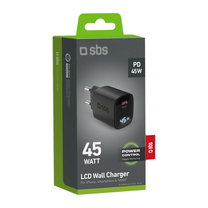 Adaptateur de voyage LCD USB-C, GaN, 45 W PD, noir, SBS