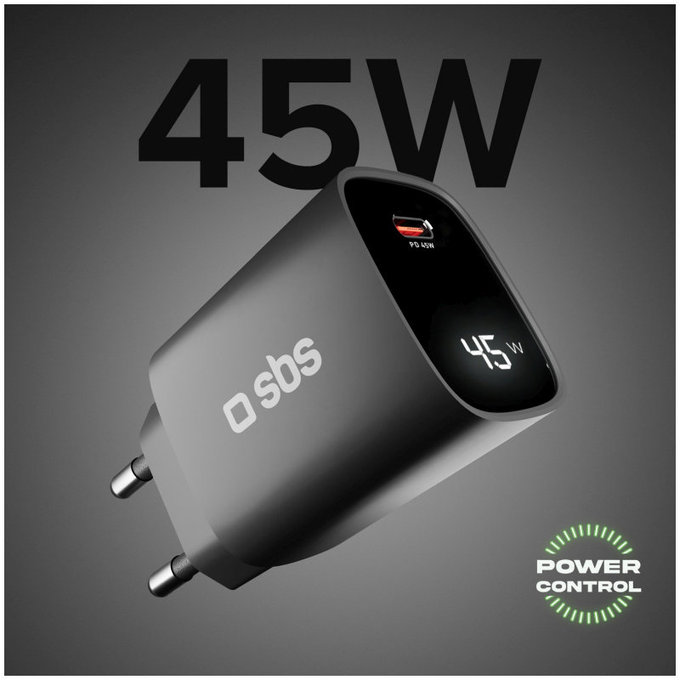 Adaptateur de voyage LCD USB-C, GaN, 45 W PD, noir, SBS