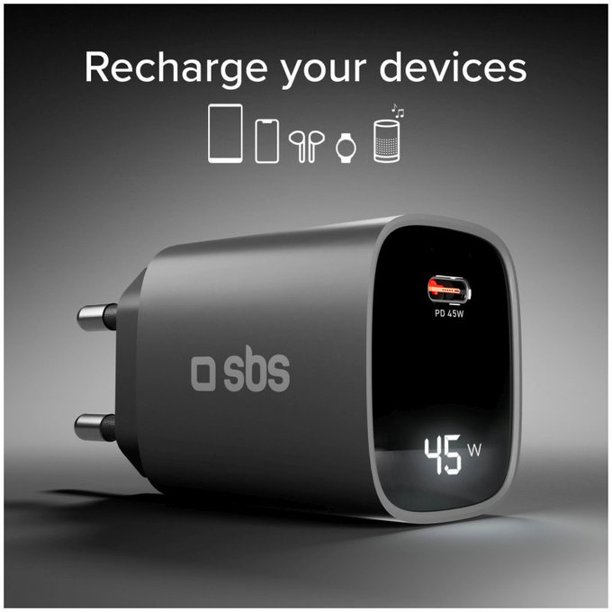 Adaptateur de voyage LCD USB-C, GaN, 45 W PD, noir, SBS