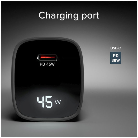 Adaptateur de voyage LCD USB-C, GaN, 45 W PD, noir, SBS