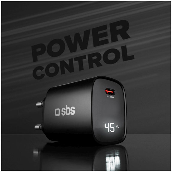 Adaptateur de voyage LCD USB-C, GaN, 45 W PD, noir, SBS