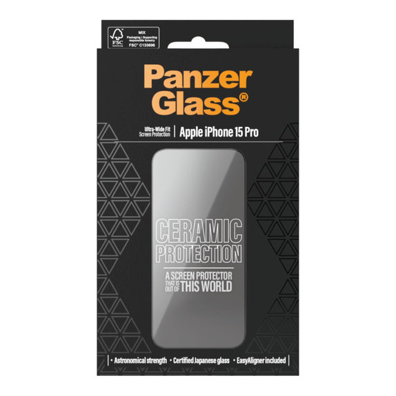 Verre trempé UWF Ceramic avec applicateur pour iPhone 15 Pro, Noir, PanzerGlass