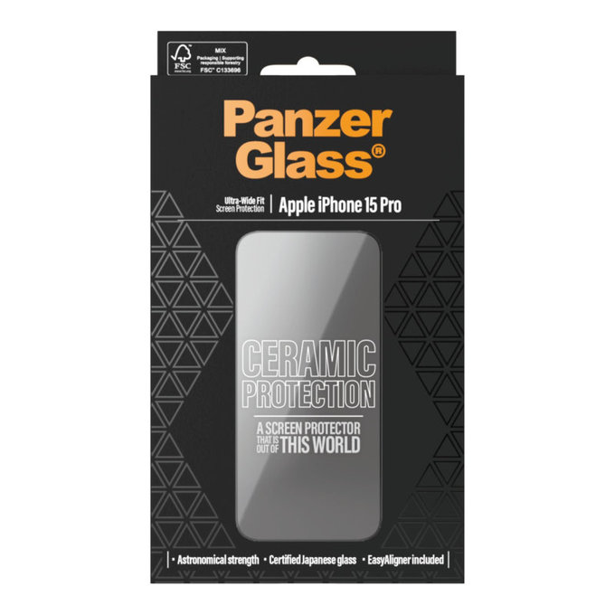 Verre trempé UWF Ceramic avec applicateur pour iPhone 15 Pro, Noir, PanzerGlass