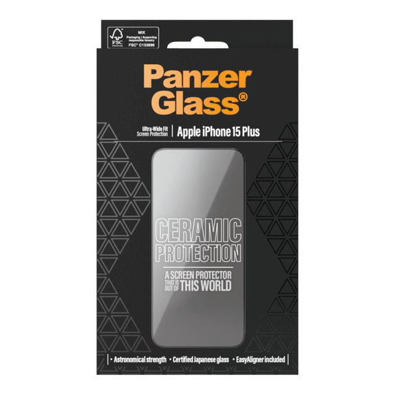 Verre trempé UWF Ceramic avec applicateur pour iPhone 15 Plus, Noir, PanzerGlass