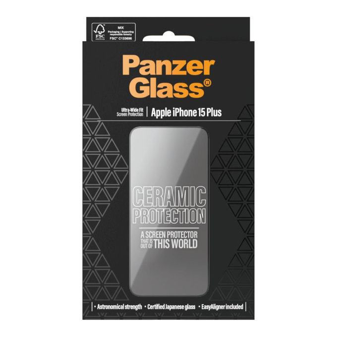 Verre trempé UWF Ceramic avec applicateur pour iPhone 15 Plus, Noir, PanzerGlass