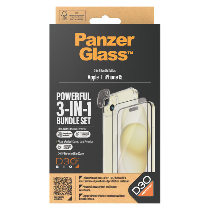 Bundle PicturePerfect + Verre trempé UWF + Hard Case D3O pour iPhone 15, PanzerGlass