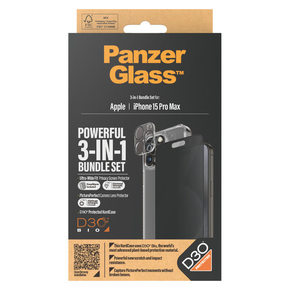 Bundle PicturePerfect + Verre trempé UWF Privacy + Hard Case D3O pour iPhone 15 Pro Max, PanzerGlass