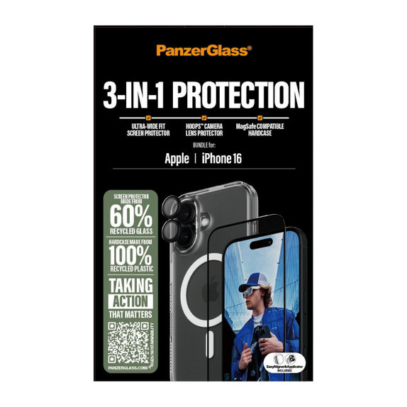 Bundle 3-en-1 Hoops + Verre trempé UWF + Hard Case pour iPhone 16, PanzerGlass