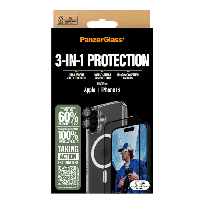 Bundle 3-en-1 Hoops + Verre trempé UWF + Hard Case pour iPhone 16, PanzerGlass