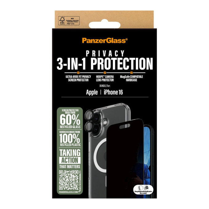 Bundle Hoops + Verre trempé UWF Privacy + Hard Case pour iPhone 16, PanzerGlass