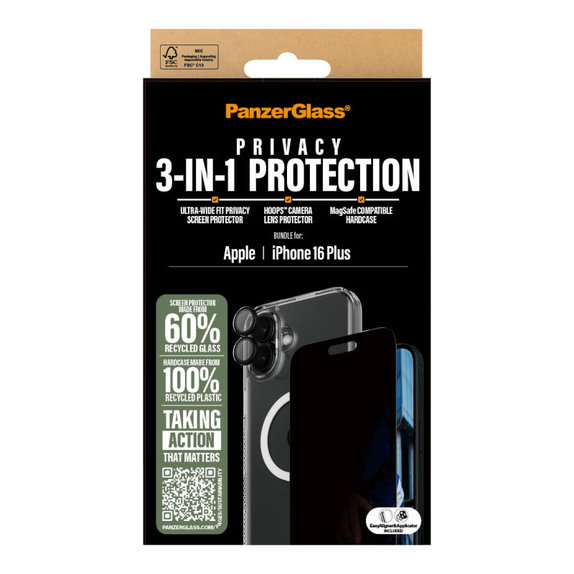 Bundle Hoops + Verre trempé UWF Privacy + Hard Case pour iPhone 16 Plus, PanzerGlass