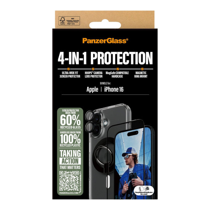 Bundle Hoops + Verre trempé UWF + Hard Case + Magnetic Ring Mount pour iPhone 16, PanzerGlass