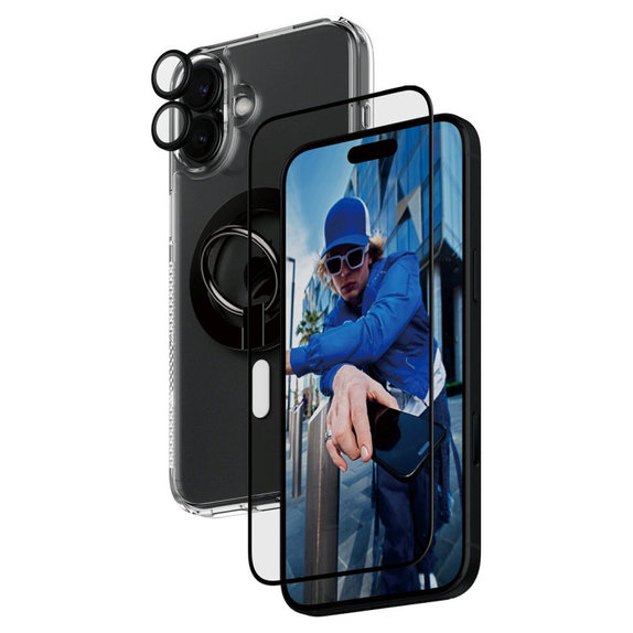 Bundle Hoops + Verre trempé UWF + Hard Case + Magnetic Ring Mount pour iPhone 16 Plus, PanzerGlass