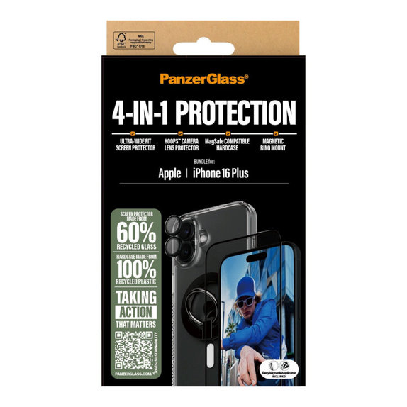 Bundle Hoops + Verre trempé UWF + Hard Case + Magnetic Ring Mount pour iPhone 16 Plus, PanzerGlass