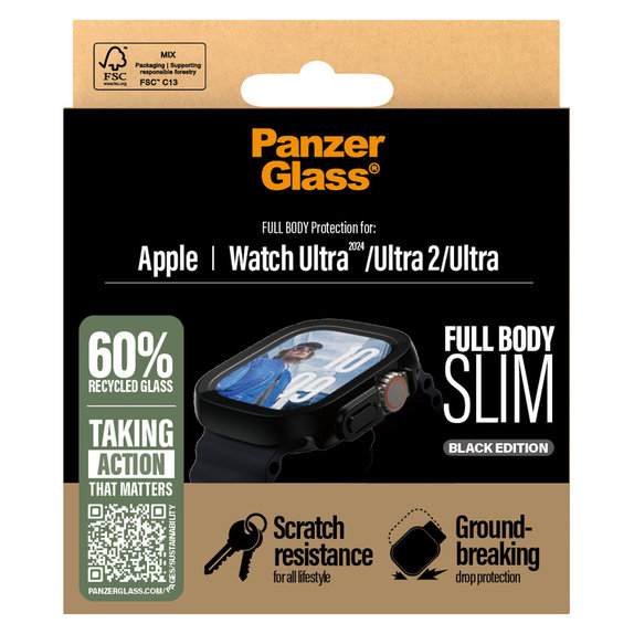 Verre trempé Full Body Slim pour Apple Watch Ultra 2024/Ultra 2/Ultra, Noir, PanzerGlass