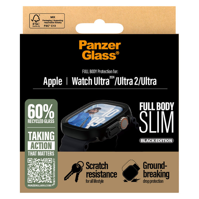 Verre trempé Full Body Slim pour Apple Watch Ultra 2024/Ultra 2/Ultra, Noir, PanzerGlass