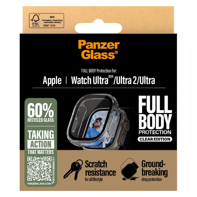 Verre trempé Full Body pour Apple Watch Ultra 2024/Ultra 2/Ultra, Clair, PanzerGlass
