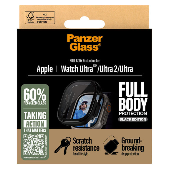 Verre trempé Full Body pour Apple Watch Ultra 2024/Ultra 2/Ultra, Noir, PanzerGlass