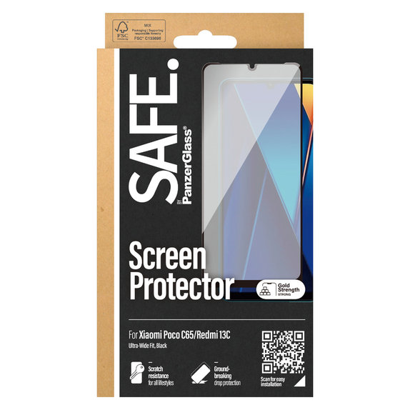 Verre trempé UWF pour Xiaomi Redmi 13C 5G, Noir, SAFE by PanzerGlass